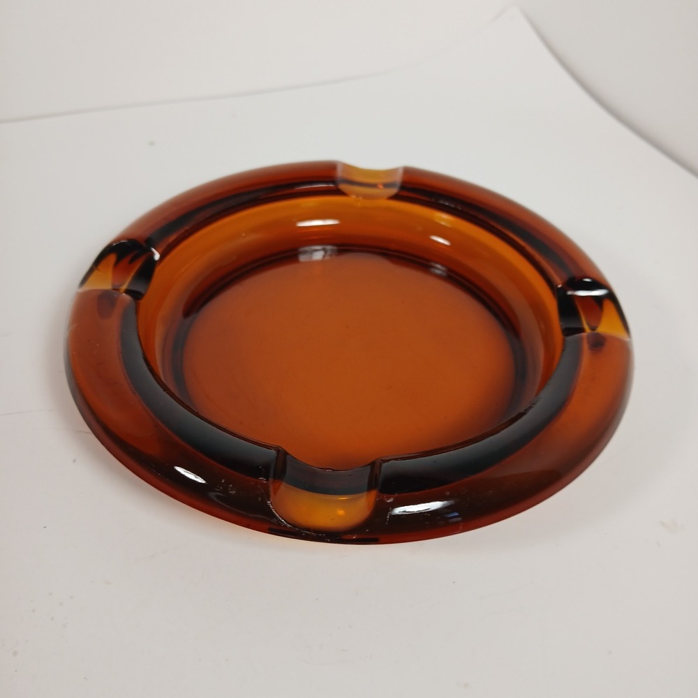 VTG MCM Large Round Dark Amber Glass Cigar/Cigarette Ashtray 8" Heavy 4 Slots